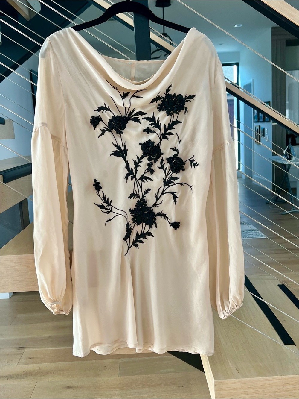 A Marciano sheer Women's Cream Long-Sleeve dress with Black Floral Embroidery